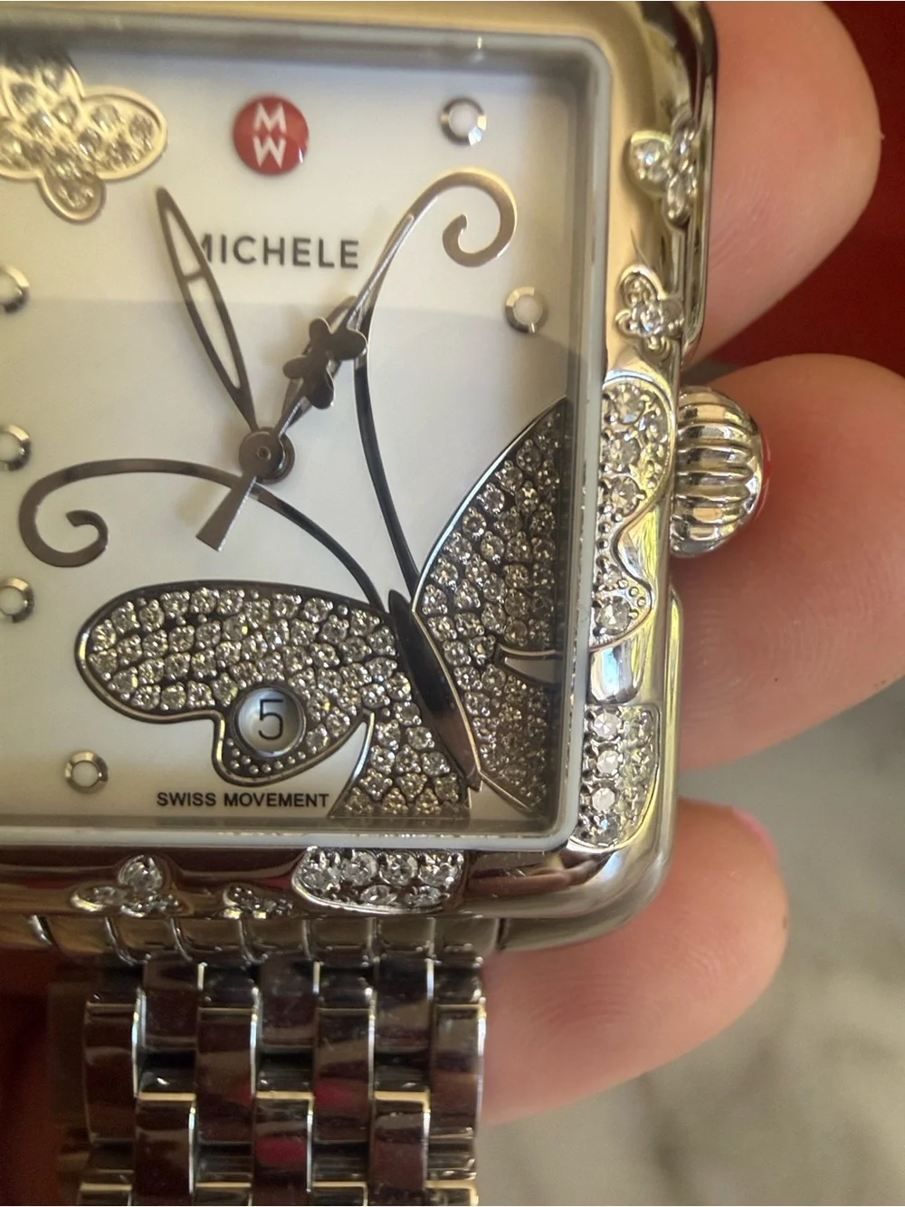 Michele Silver Stainless Steel Butterfly Diamond Accent Watch - White Dial